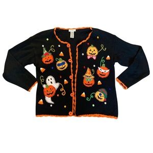 Vintage Yarnworks Knit Embroidered Halloween Appliqué Black and Orange Cardigan